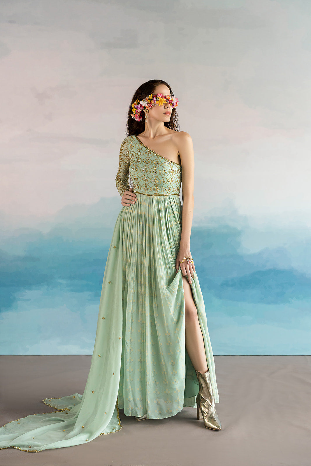 one shoulder anarkali dress PEACH CUT OUT ONE SHOULDER OVERLAP ANARKALI 16 / Custom