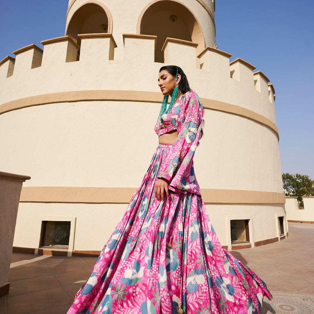 FLORAL PRINT EMBROIDERED JACKET AND SPAGHETTI BRALET WITH GHAGHRA