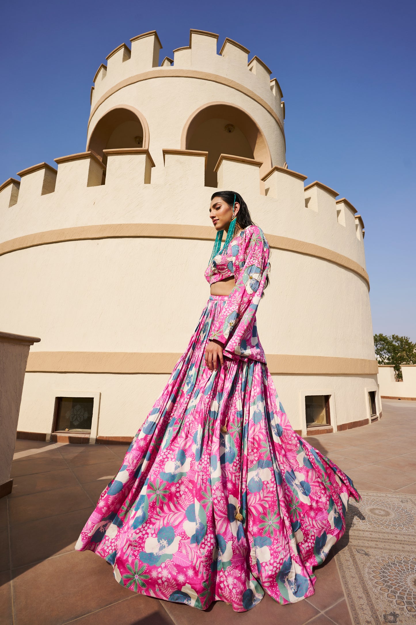 FLORAL PRINT EMBROIDERED JACKET AND SPAGHETTI BRALET WITH GHAGHRA