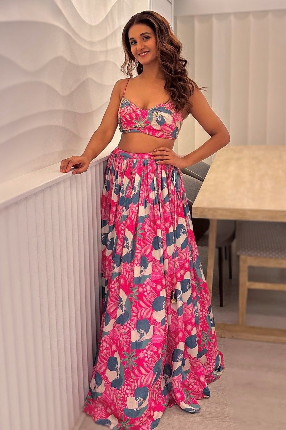 SHAKTI MOHAN IN FLORAL PRINT EMBROIDERED JACKET AND SPAGHETTI BRALET WITH GHAGHRA