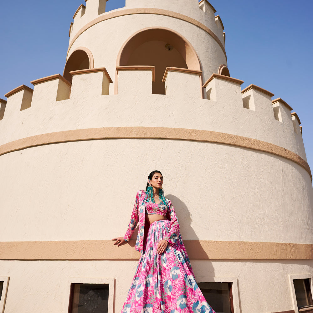 FLORAL PRINT EMBROIDERED JACKET AND SPAGHETTI BRALET WITH GHAGHRA