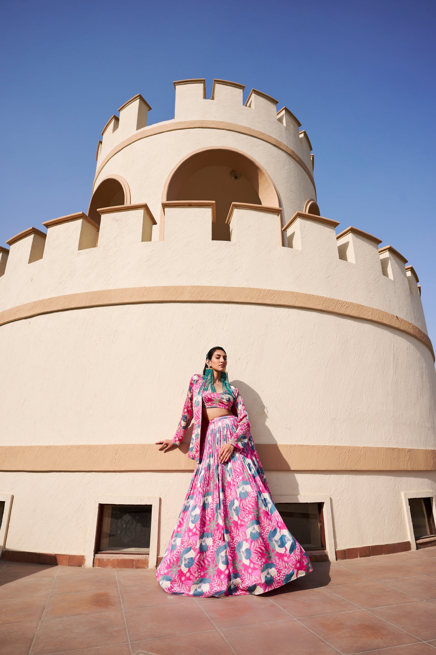 FLORAL PRINT EMBROIDERED JACKET AND SPAGHETTI BRALET WITH GHAGHRA