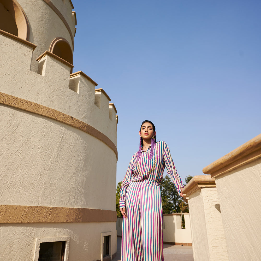 
                      
                        STRIPED PRINTED EMBROIDERED SHIRT WITH PALAZZO
                      
                    