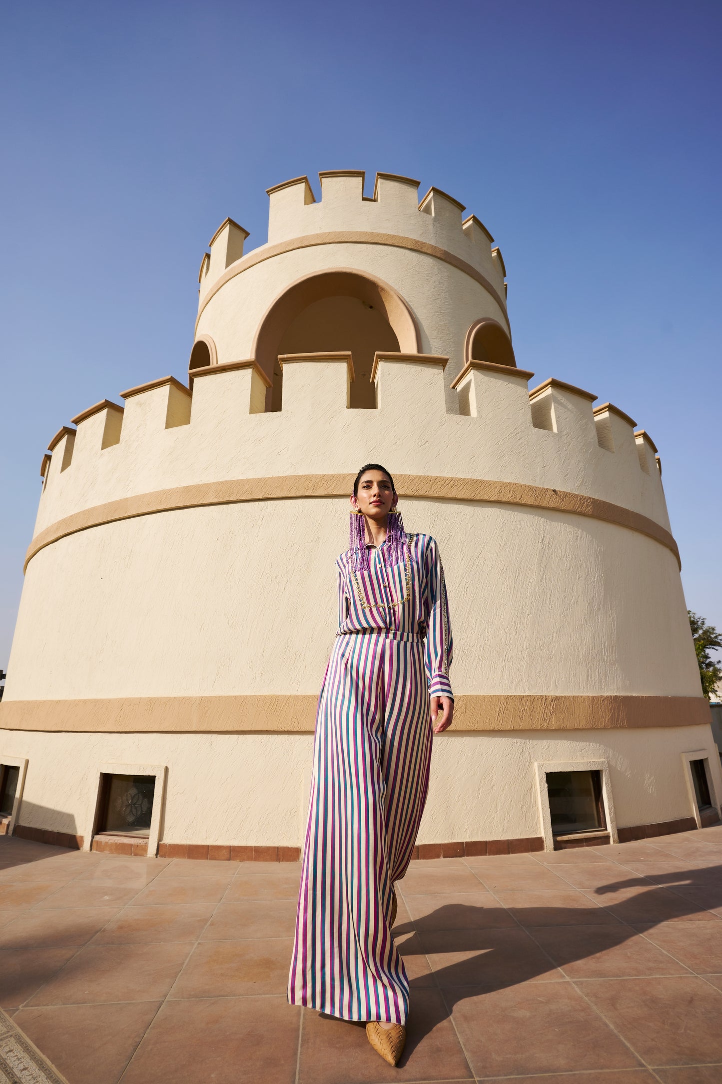 STRIPED PRINTED EMBROIDERED SHIRT WITH PALAZZO