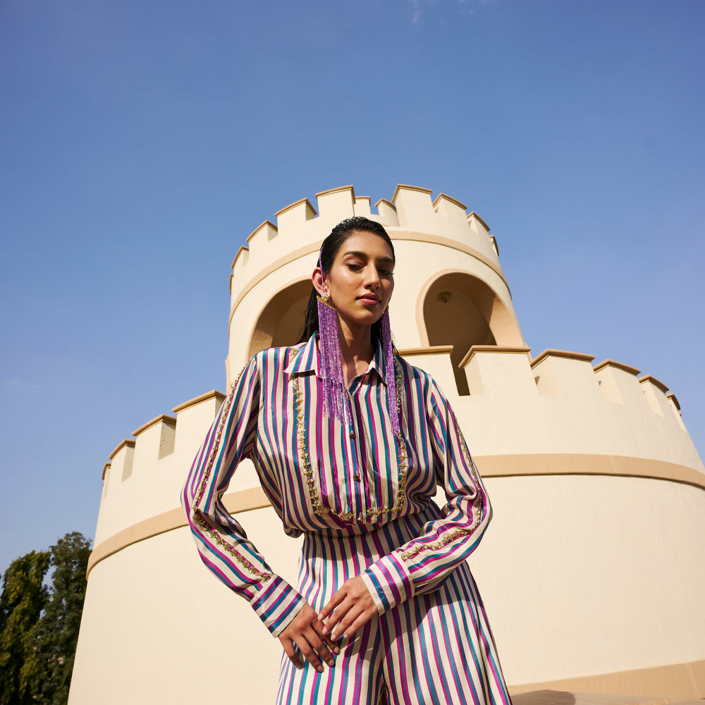 STRIPED PRINTED EMBROIDERED SHIRT WITH PALAZZO