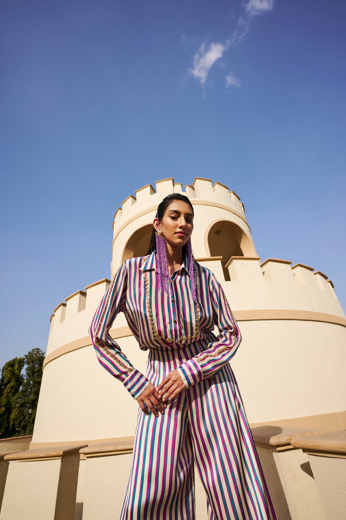 STRIPED PRINTED EMBROIDERED SHIRT WITH PALAZZO