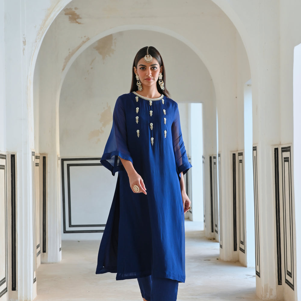 BELL SLEEVE YOKE FLORAL BUTTI EMBROIDERED KURTA WITH PANTS