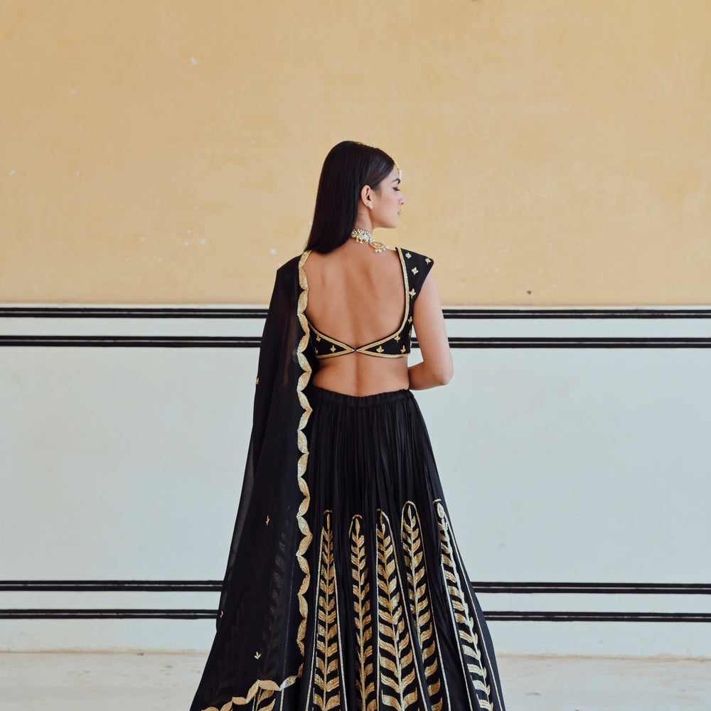 
                      
                        BLACK 12 KALI LEAF EMBROIDERED LEHENGA WITH BLOUSE AND DUPATTA
                      
                    