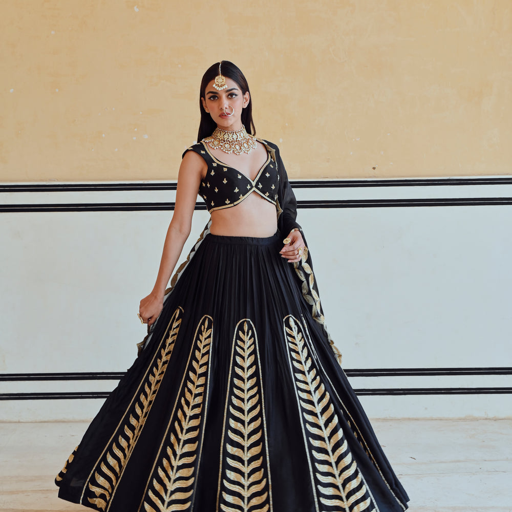 
                      
                        BLACK 12 KALI LEAF EMBROIDERED LEHENGA WITH BLOUSE AND DUPATTA
                      
                    