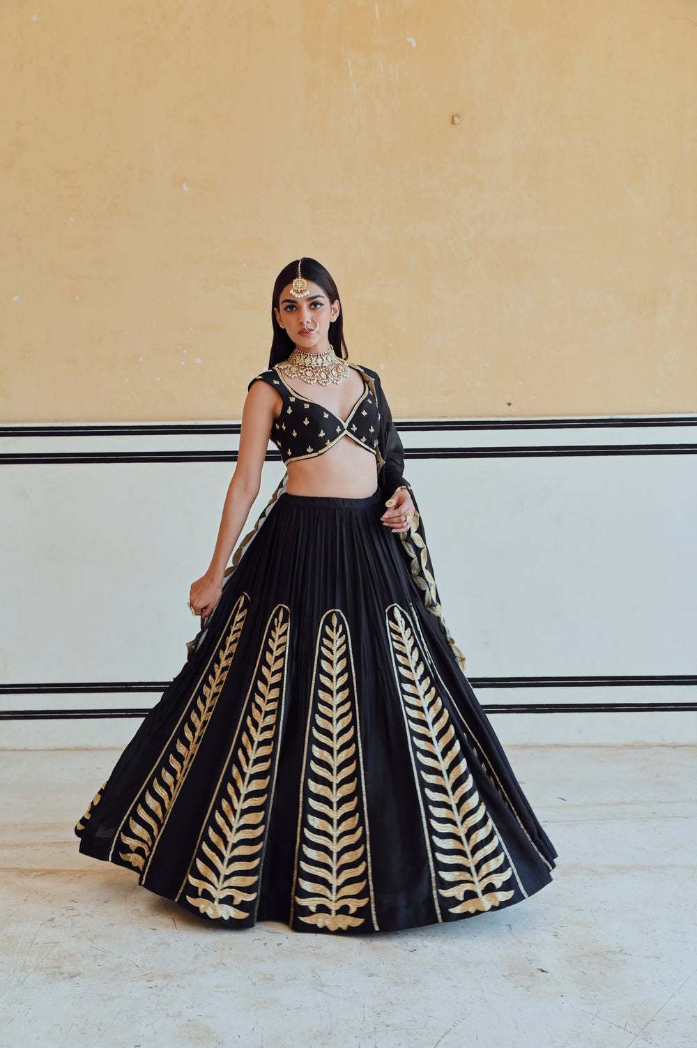 BLACK 12 KALI LEAF EMBROIDERED LEHENGA WITH BLOUSE AND DUPATTA