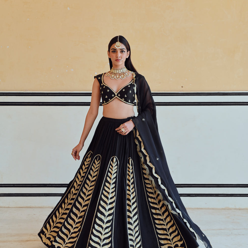 
                      
                        BLACK 12 KALI LEAF EMBROIDERED LEHENGA WITH BLOUSE AND DUPATTA
                      
                    