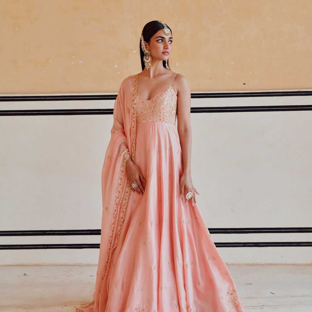 PEACH FLORAL JAAL YOKE EMBROIDERED 16 KALI ANARKALI WITH DUPATTA