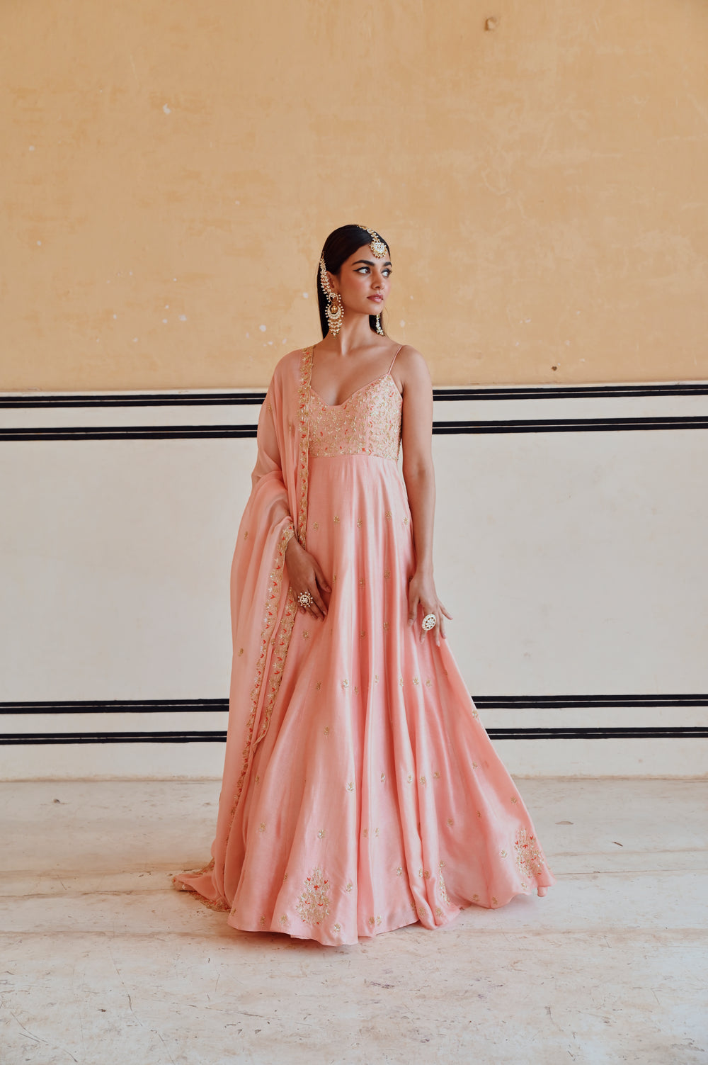 PEACH FLORAL JAAL YOKE EMBROIDERED 16 KALI ANARKALI WITH DUPATTA