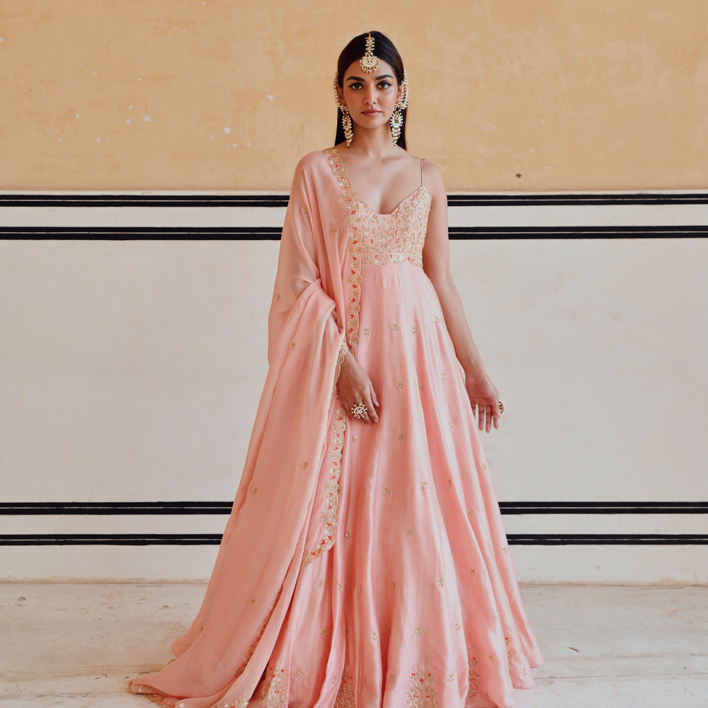 PEACH FLORAL JAAL YOKE EMBROIDERED 16 KALI ANARKALI WITH DUPATTA