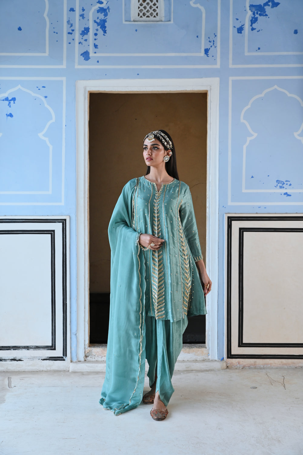 TURQUOISE BLUE 3/4 TH SLEEVE EMBROIDERED SHORT KURTA WITH DHOTI AND DUPATTA