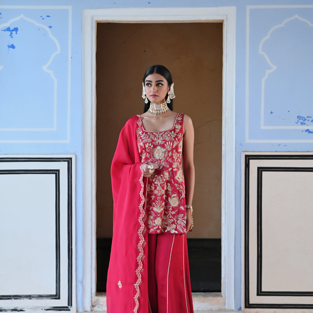 
                      
                        RED SQUARE NEKLINE BIG FLOWER JAAL EMBROIDERED SHORT KURTA WITH PALAZZO AND DUPATTA
                      
                    