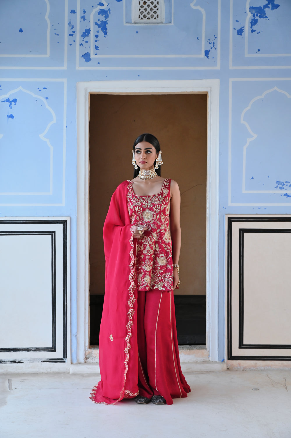 RED SQUARE NEKLINE BIG FLOWER JAAL EMBROIDERED SHORT KURTA WITH PALAZZO AND DUPATTA