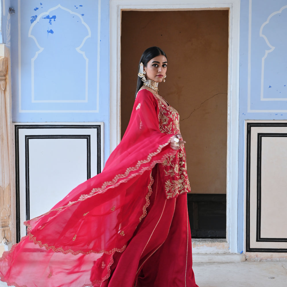 
                      
                        RED SQUARE NEKLINE BIG FLOWER JAAL EMBROIDERED SHORT KURTA WITH PALAZZO AND DUPATTA
                      
                    