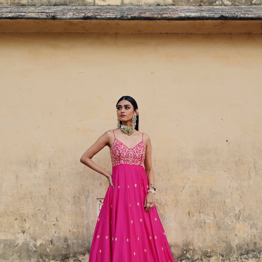 
                      
                        HOT PINK FLORAL JAAL YOKE EMBROIDERED 16 KALI ANARKALI WITH DUPATTA
                      
                    