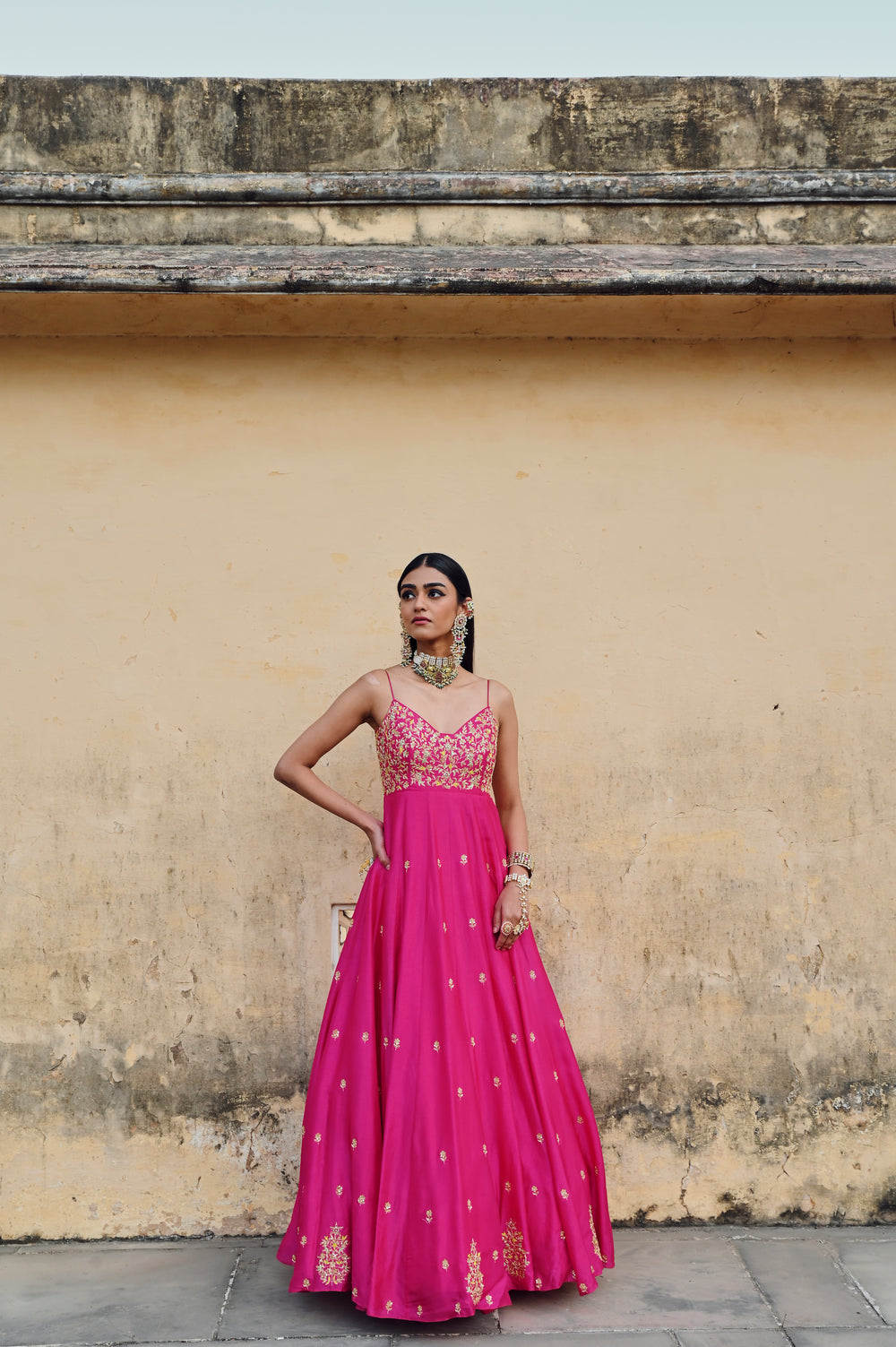 HOT PINK FLORAL JAAL YOKE EMBROIDERED 16 KALI ANARKALI WITH DUPATTA