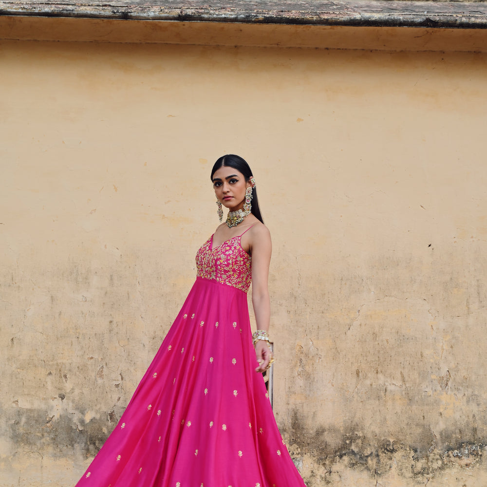 
                      
                        HOT PINK FLORAL JAAL YOKE EMBROIDERED 16 KALI ANARKALI WITH DUPATTA
                      
                    