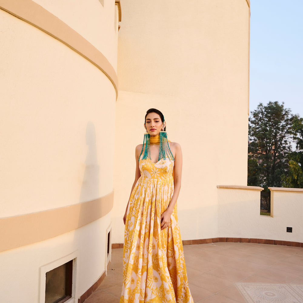 YELLOW FLORAL PRINTED ANARKALI WITH DUPATTA