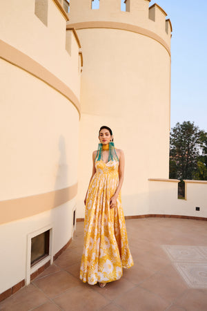 YELLOW FLORAL PRINTED ANARKALI WITH DUPATTA