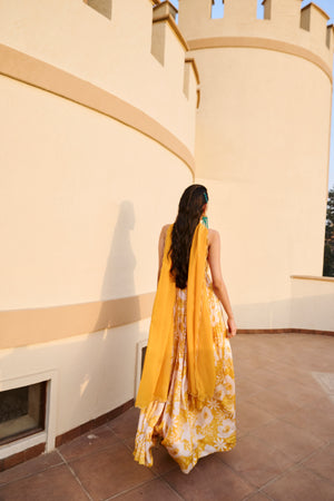 YELLOW FLORAL PRINTED ANARKALI WITH DUPATTA