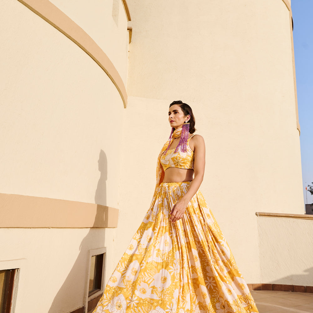 YELLOW FLORAL PRINTED LEHENGA WITH BLOUSE AND DUPATTA