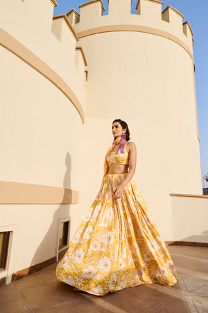 YELLOW FLORAL PRINTED LEHENGA WITH BLOUSE AND DUPATTA