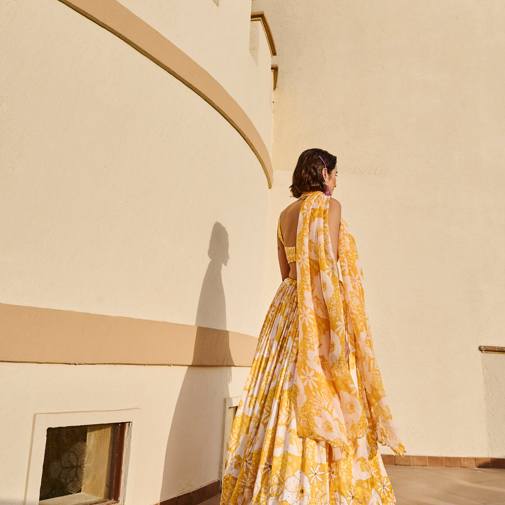 YELLOW FLORAL PRINTED LEHENGA WITH BLOUSE AND DUPATTA