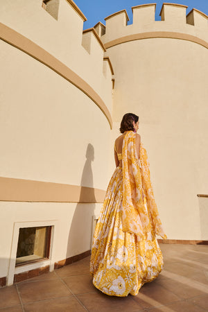 YELLOW FLORAL PRINTED LEHENGA WITH BLOUSE AND DUPATTA