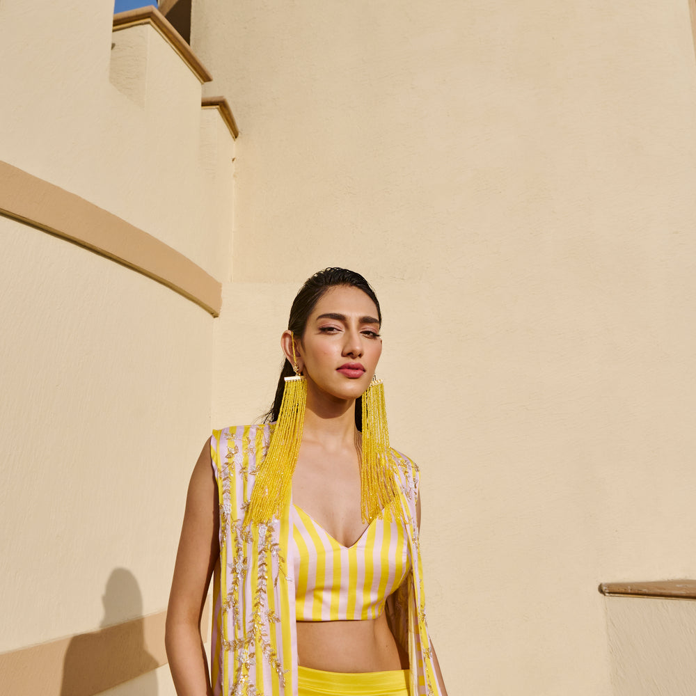 YELLOW STRIPED JACKET WITH DRAPED SKIRT AND BRALETTE