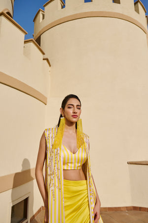 YELLOW STRIPED JACKET WITH DRAPED SKIRT AND BRALETTE