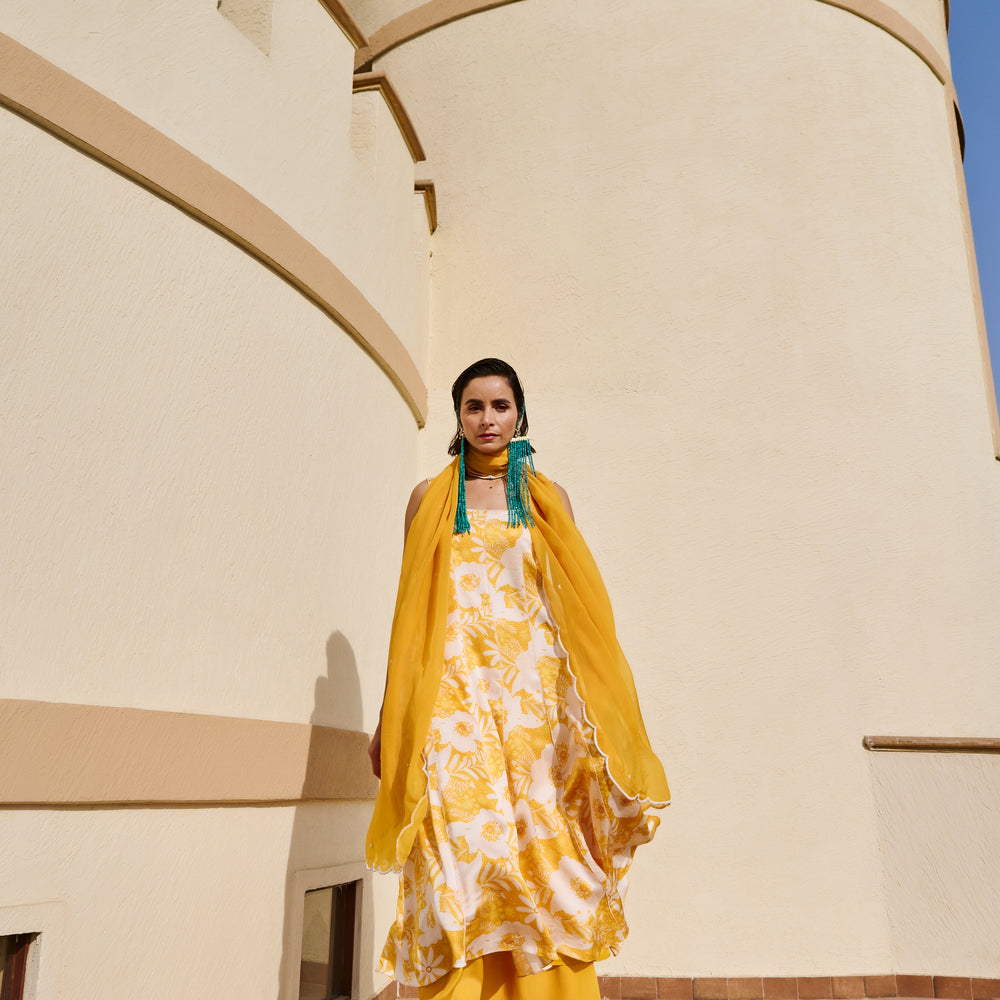 YELLOW FLORAL KALIDAR KURTA WITH PALAZZO AND DUPATTA