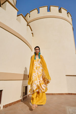 YELLOW FLORAL KALIDAR KURTA WITH PALAZZO AND DUPATTA