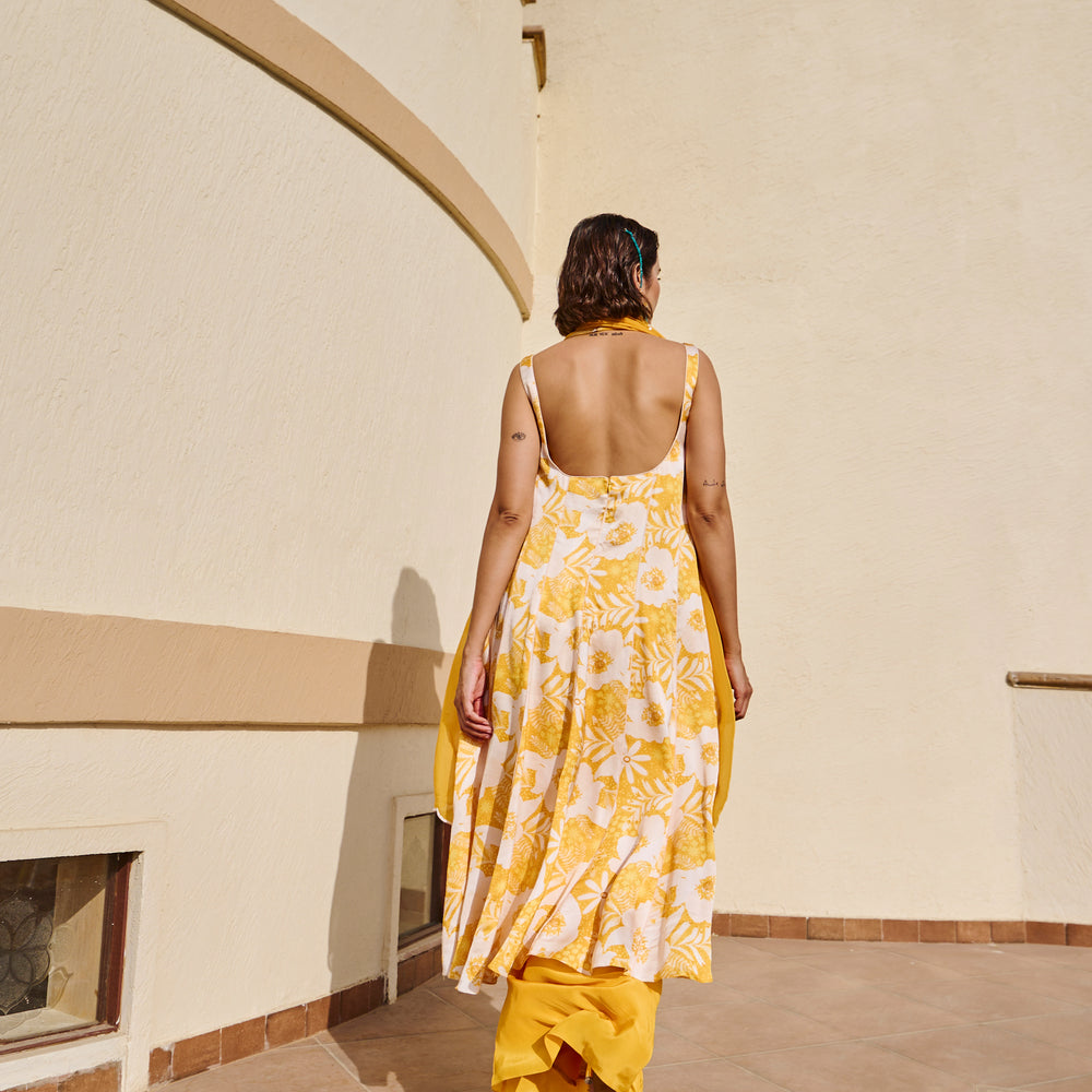 YELLOW FLORAL KALIDAR KURTA WITH PALAZZO AND DUPATTA