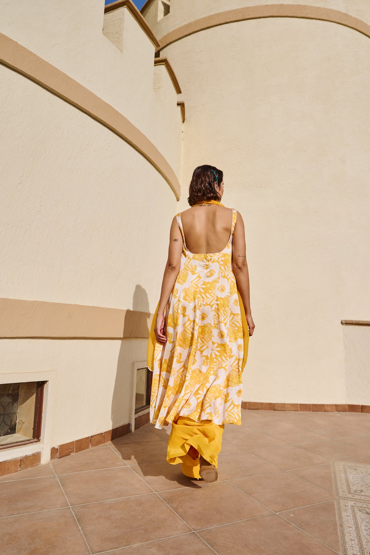 YELLOW FLORAL KALIDAR KURTA WITH PALAZZO AND DUPATTA