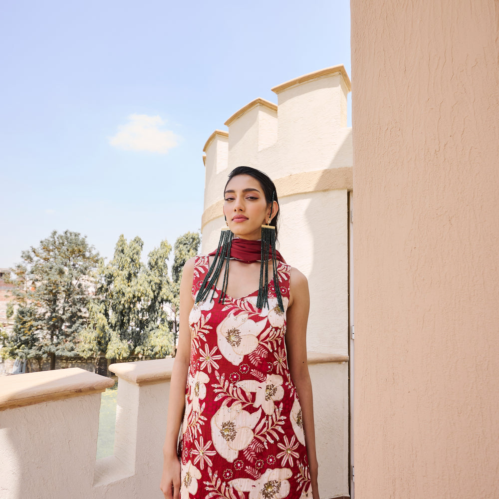 
                      
                        V-Neck Sleeveless Floral Print Embroidered Short Kurta with Kali-dar Palazzo and Dupatta
                      
                    