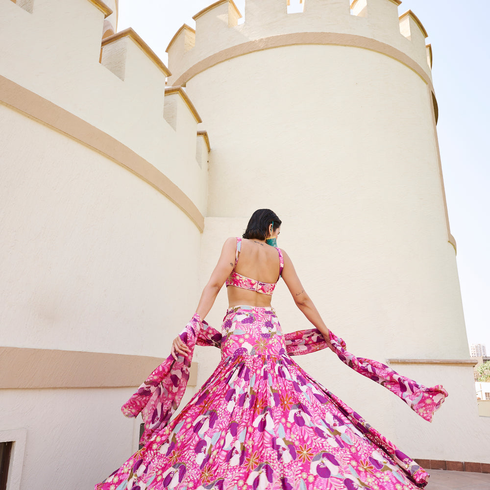 
                      
                        Amyra Dastur in Fuschia Floral Lehenga With Blouse And Dupatta
                      
                    