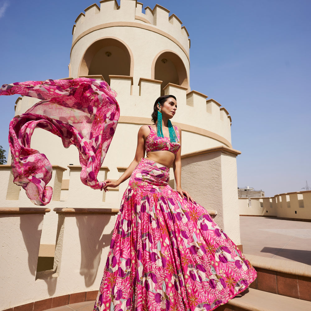 FUSCHIA FLORAL LEHENGA WITH BLOUSE AND DUPATTA