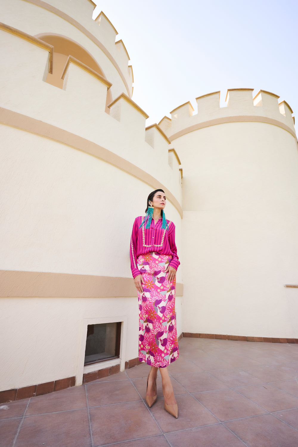 FUSCHIA STRIPED SHIRT AND FLORAL PRINTED SKIRT