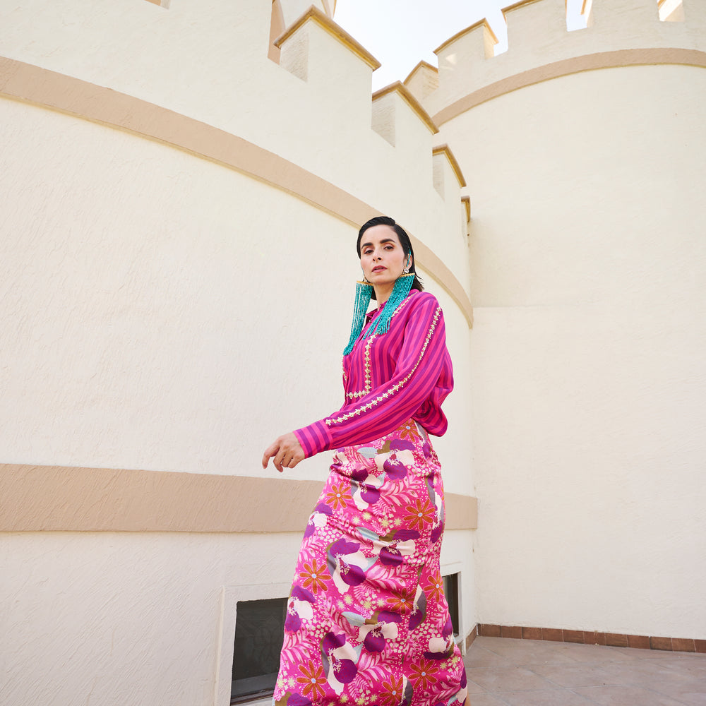 
                      
                        FUSCHIA STRIPED SHIRT AND FLORAL PRINTED SKIRT
                      
                    