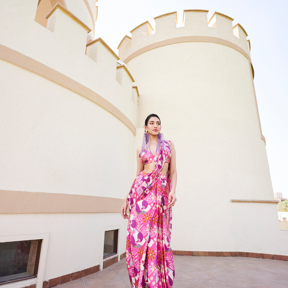 FUSCHIA FLORAL PRINTED PRESTITCHED SAREE WITH BLOUSE