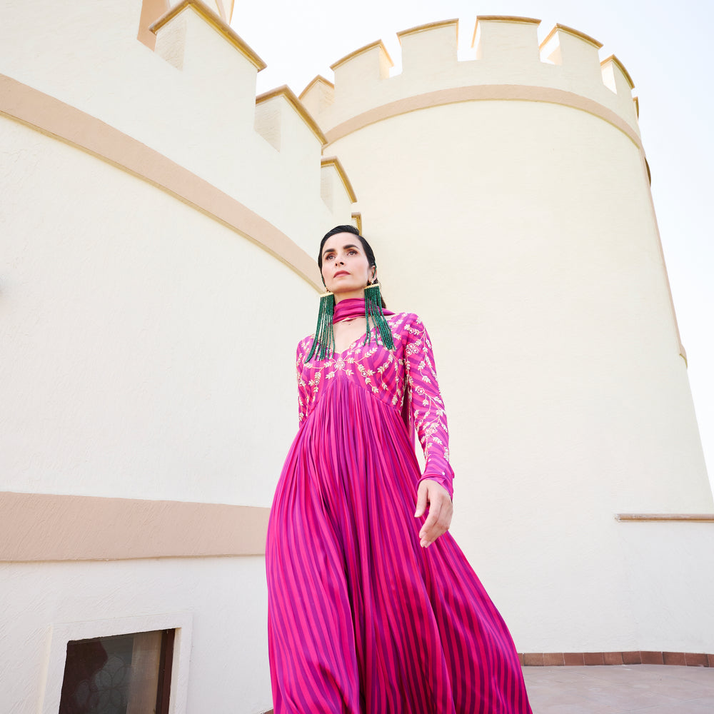 
                      
                        Fuschia Stripped Jaal Embroidered Anarkali
                      
                    