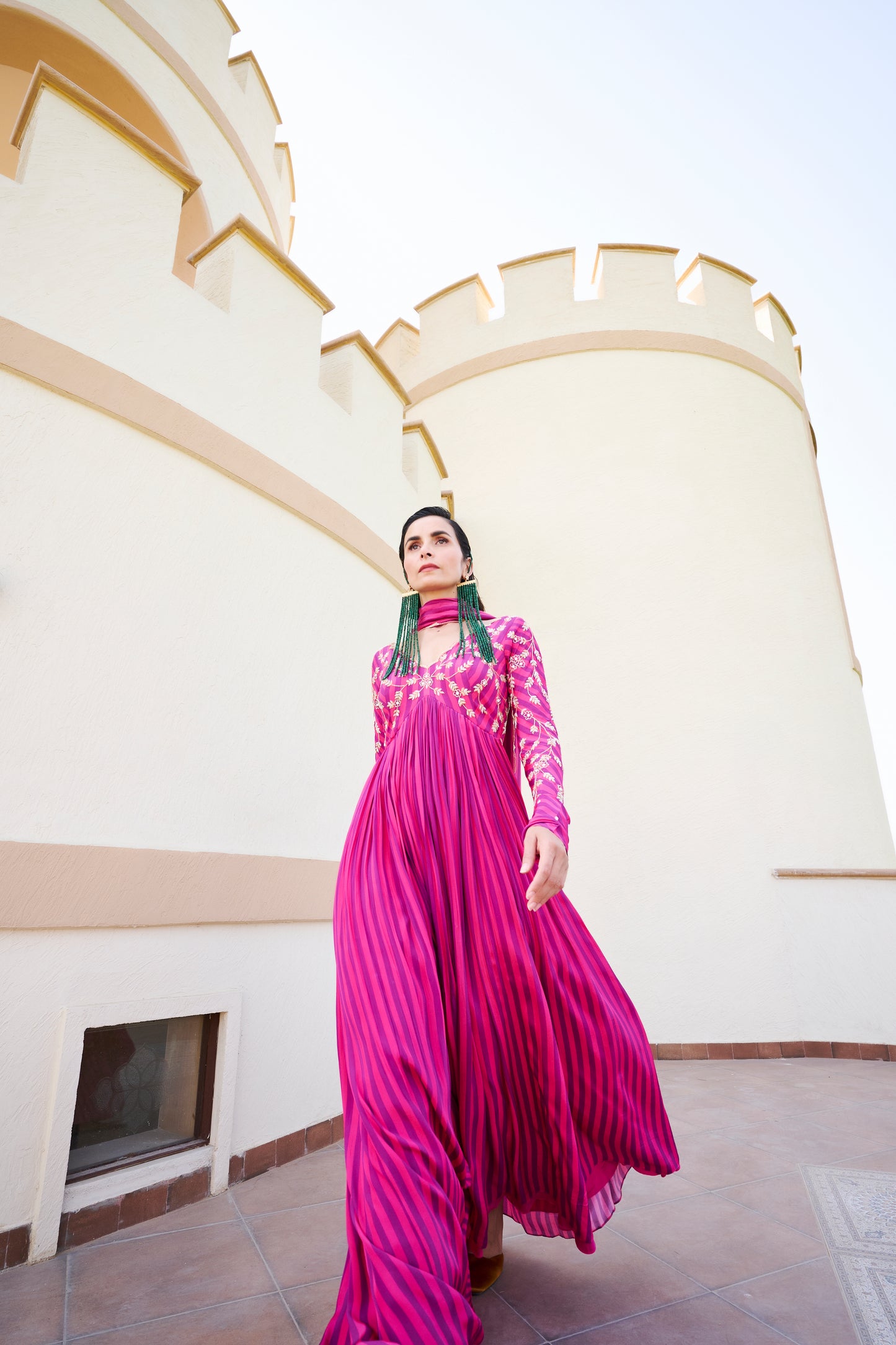 Fuschia Stripped Jaal Embroidered Anarkali