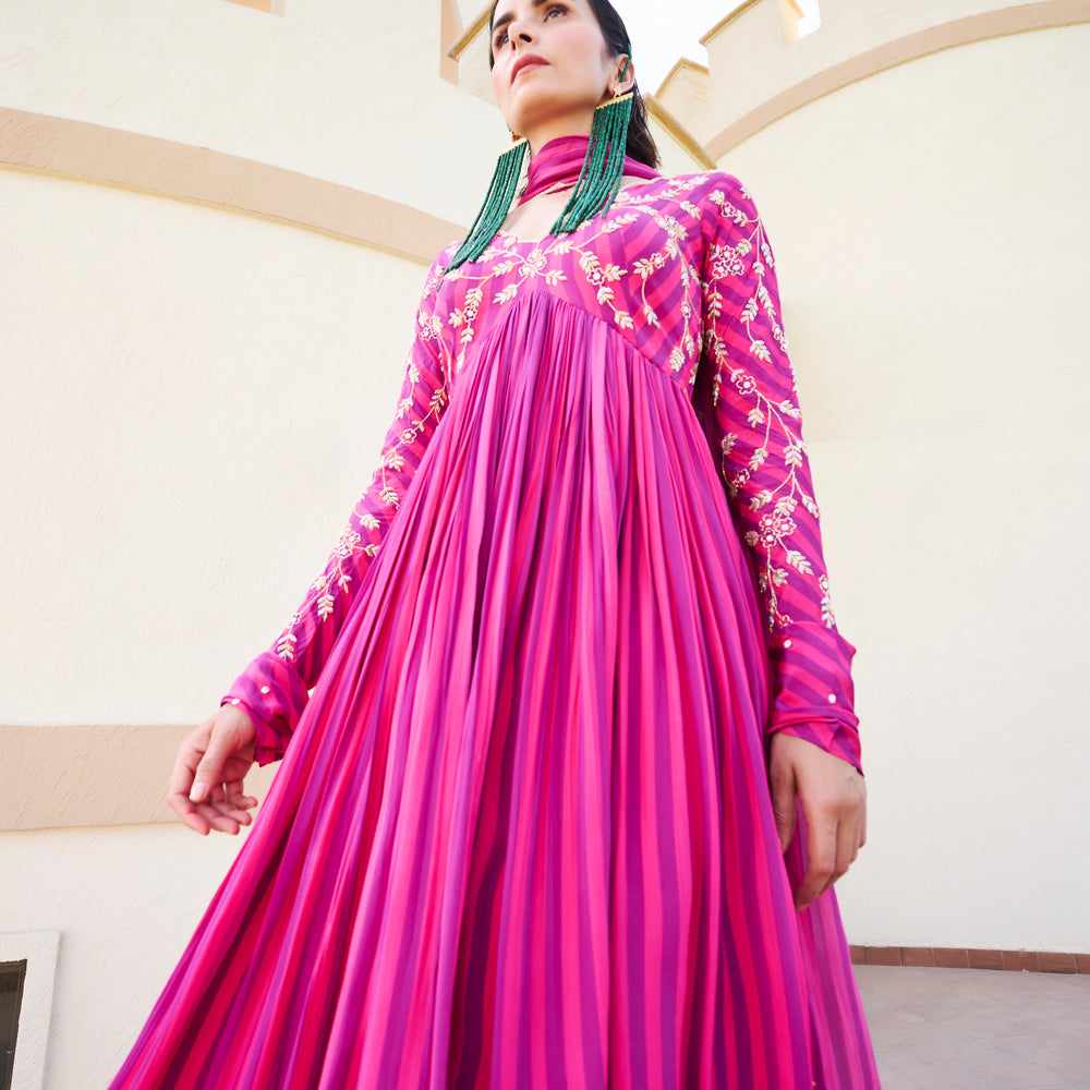 Fuschia Stripped Jaal Embroidered Anarkali