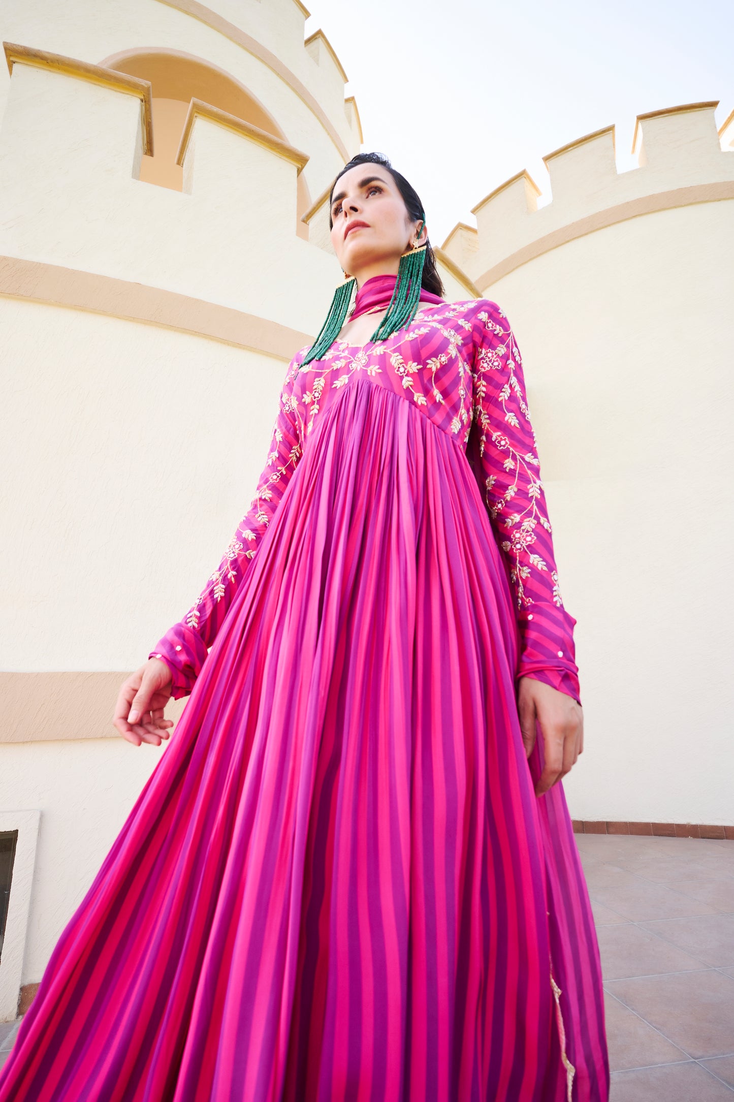 Fuschia Stripped Jaal Embroidered Anarkali