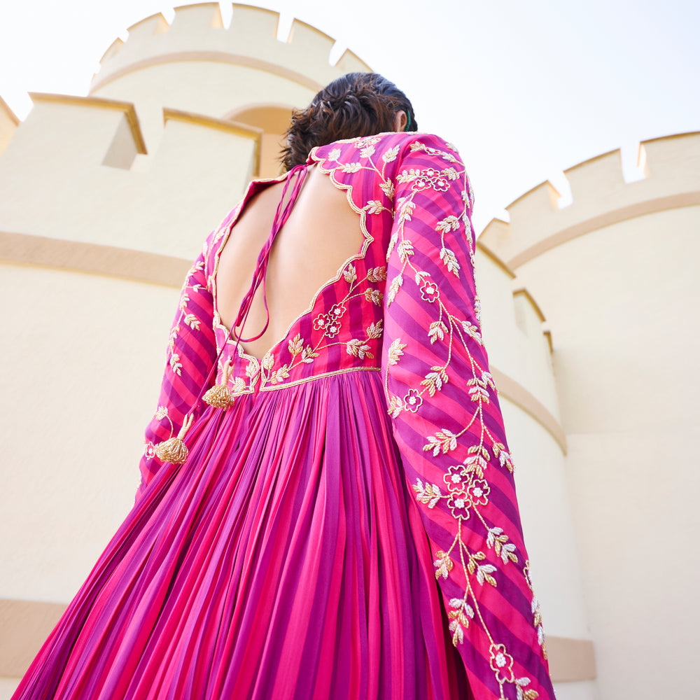 
                      
                        Fuschia Stripped Jaal Embroidered Anarkali
                      
                    