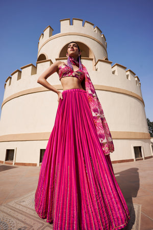 STRIPTED LEHENGA WITH FLORAL PRINTED BLOUSE AND DUPATTA